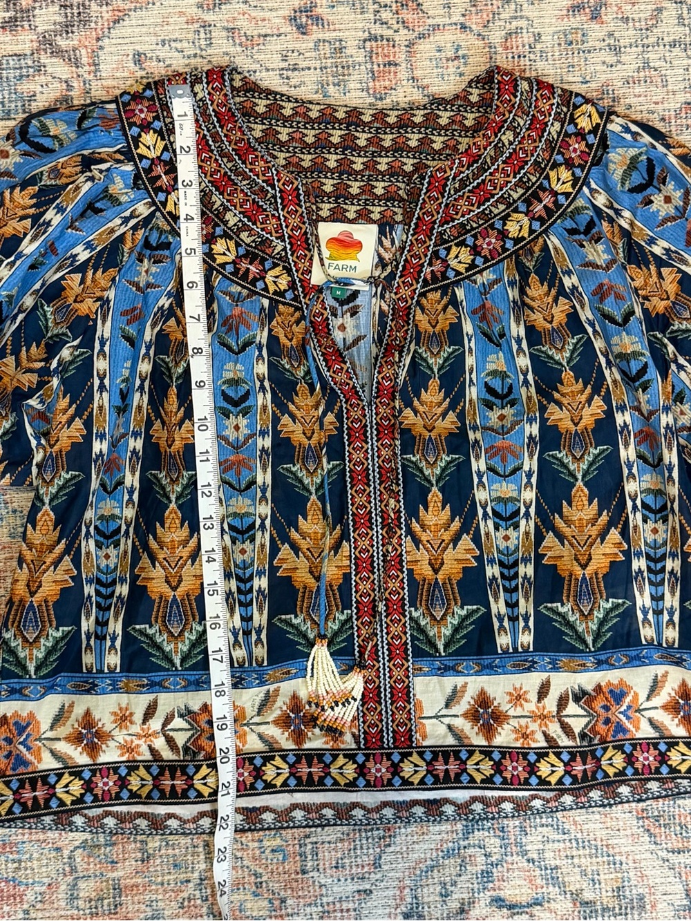 Farm Rio Boho Blue Floral Embroidered Tassel Puff Sleeve Blouse Top M Gypsy Lux - Picture 9 of 14